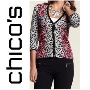 CHICO’S Bloomy Cheetah Cheyanne Cardigan Sweater 3/4 Sleeve Black Pink Women S